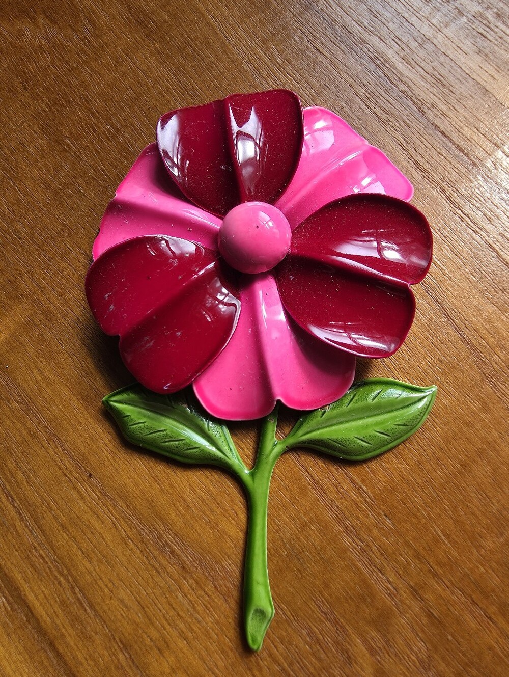 Vintage 1960s Metal Flower Brooch, Pink, Red, Green Stem Three Tone Pin.